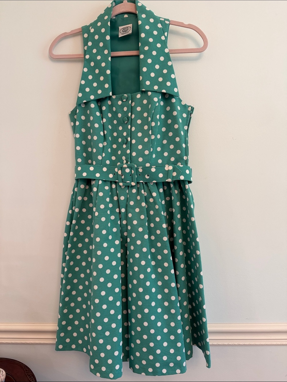 Laura Ashley Teal Green Polka Dot Sleeveless Belted Dress